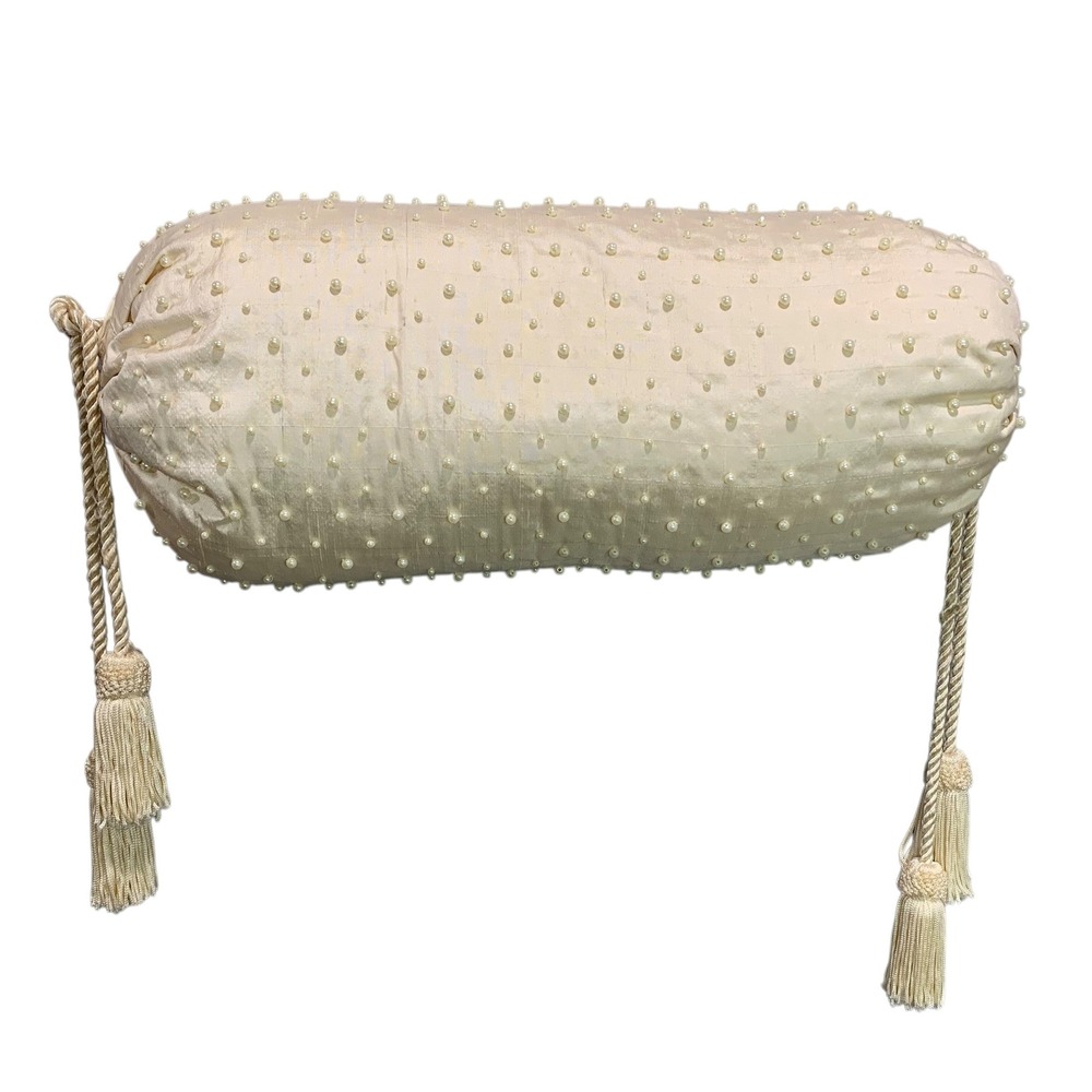 Vintage Faux Pearl Beaded Silk Bolster Pillow Cream Tassel Accents